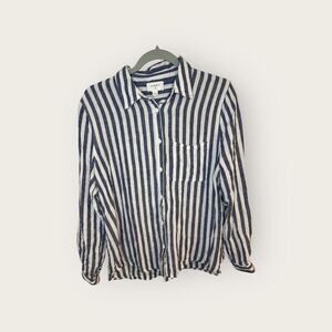 Everly Women’s Button Down Striped Nautical Linen Blend Shirt Size Medium